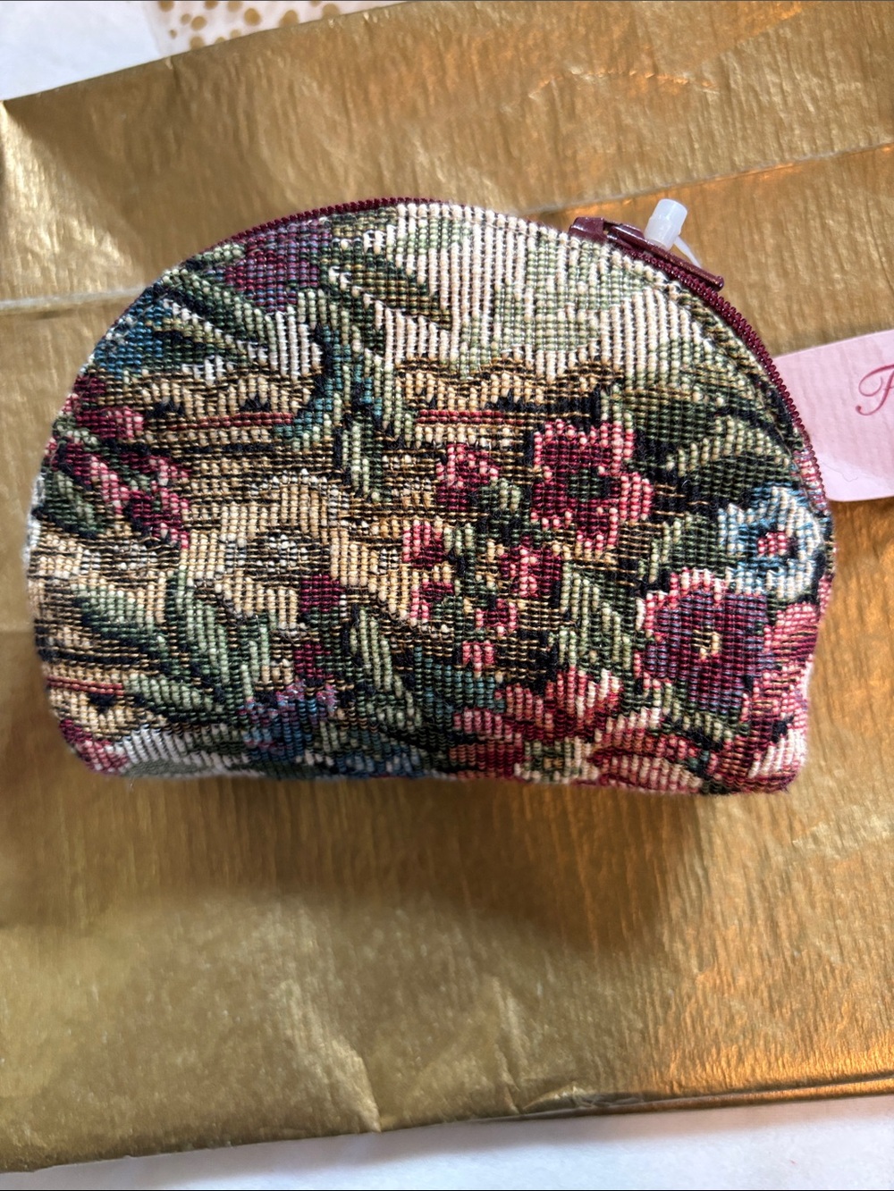 Finders Keepers Floral Tapestry Half-Moon Coin Pouch in Pink & Green